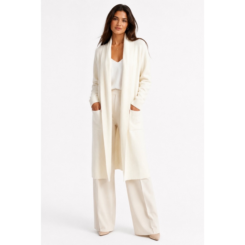 Zara Womens Cream Longline Knit Duster Cardigan Shawl Collar Pockets Size S